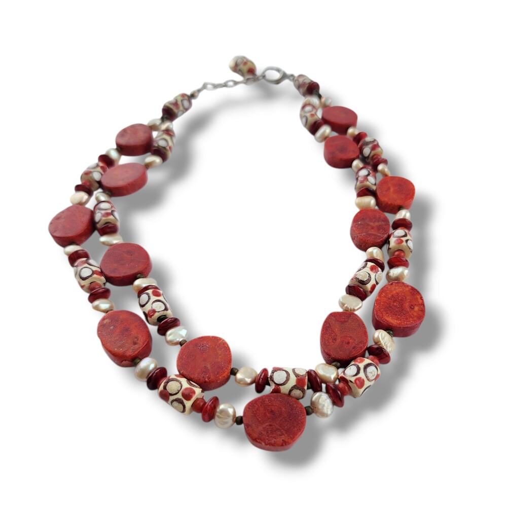 Large Coral Genuine Pearl Statement Choker Necklace Bib Boho Coastal 925 Silver